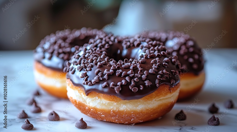 Aufkleber Chocolate donut in marble table background Close up Top view : Generative AI
