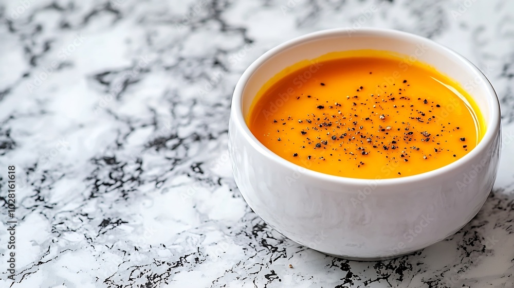 Poster pumpkin butternut squash soup in white bowl marble background close up top view : generative ai