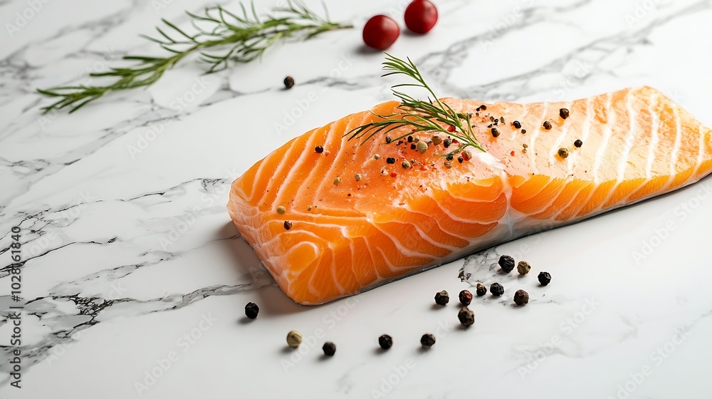 Poster salmon fish steak marble background copy space top view : generative ai
