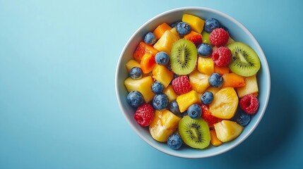 Bowl of fresh exotic fruit salad Healthy breakfast Top view Copy space : Generative AI