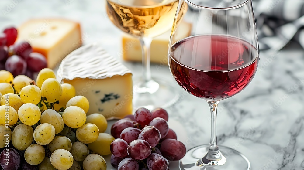 Aufkleber assortment of cheese grapes with red and white wine in glasses marble background top view copy space