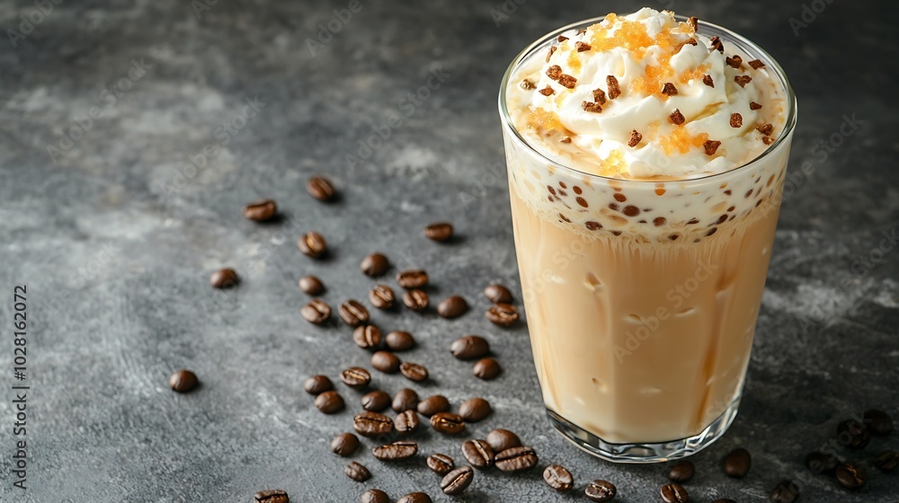 Poster ice coffee in a tall glass with cream and coffee beans on a grey stone background top view copy spac