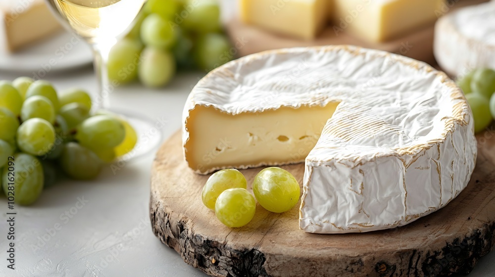 Poster brie camembert cheese with fresh grape on a wooden board with wine glass on a white background : gen