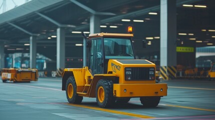 Tow tractor pulling luggage carts at airport apron