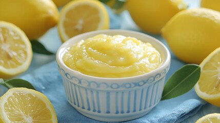 Lemon curd in ceramic bowl with fresh lemons on a blue napkin background Top view Selective focus : Generative AI