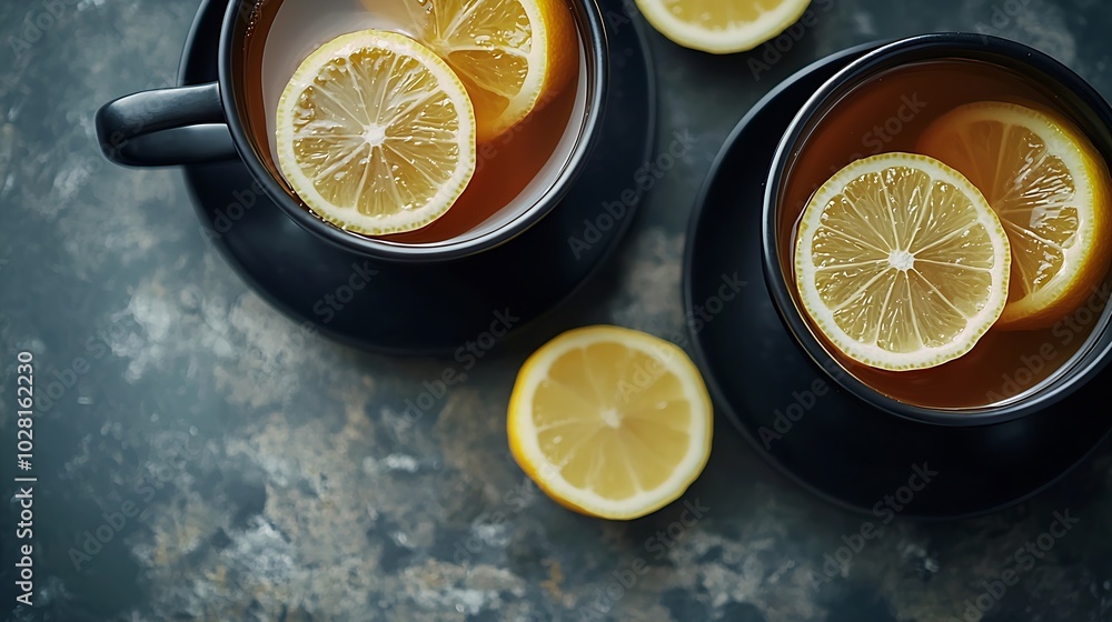 Poster ginger tea with lemon and honey in black cups grey background close up top view : generative ai