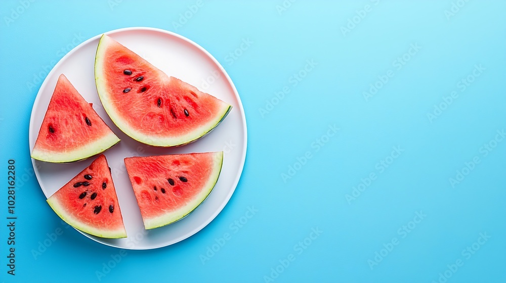 Poster watermelon slices on a white plate blue background top view copy space : generative ai
