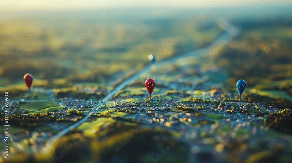 Poster aerial view of location pins on a landscape path