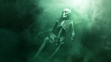 Fototapeta premium A sinister skeletal ghost with a cracked skull floating in the depths of a shadowy cave, illuminated by a faint green glow and surrounded by thick mist swirling through the darkness.