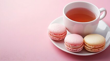 Obraz premium Macaroons dessert and cup of tea on pink background Flat lay composition Top view : Generative AI