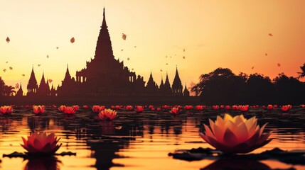 Fototapeta premium Serene Silhouette of Temple at Sunset with Krathongs