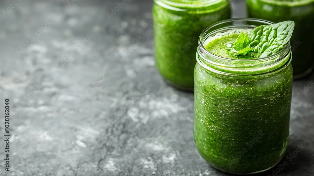 Aufkleber spinach smoothie healthy drink in glass jar on grey stone background copy space : generative ai