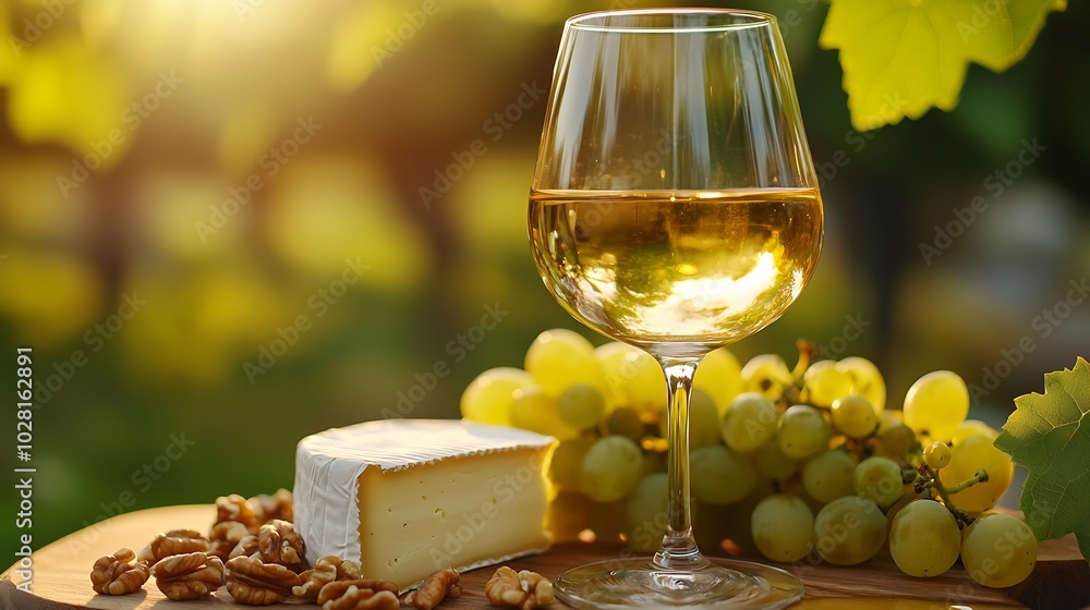 Poster white wine in glass with cheese honey nuts and grape on a cutting board wooden background : generati