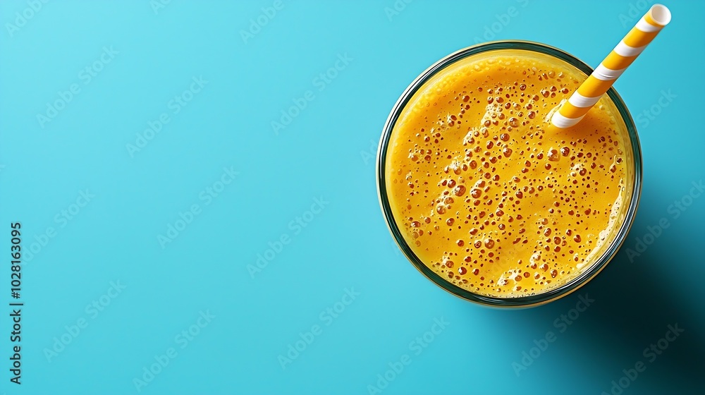 Poster fresh mango smoothie juice on blue background top view : generative ai