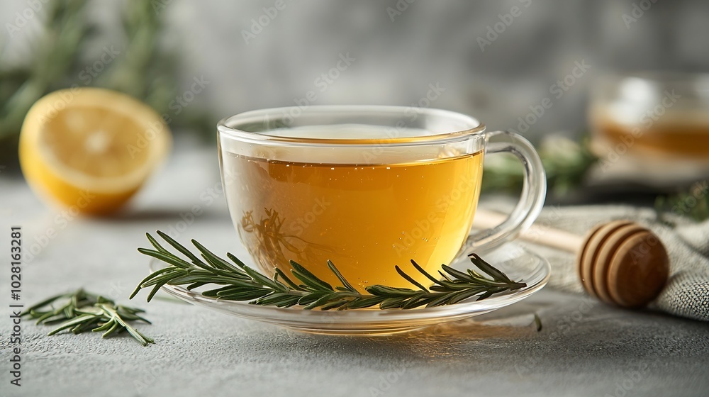 Poster tea cup with rosemary honey and lemon grey background close up copy space : generative ai