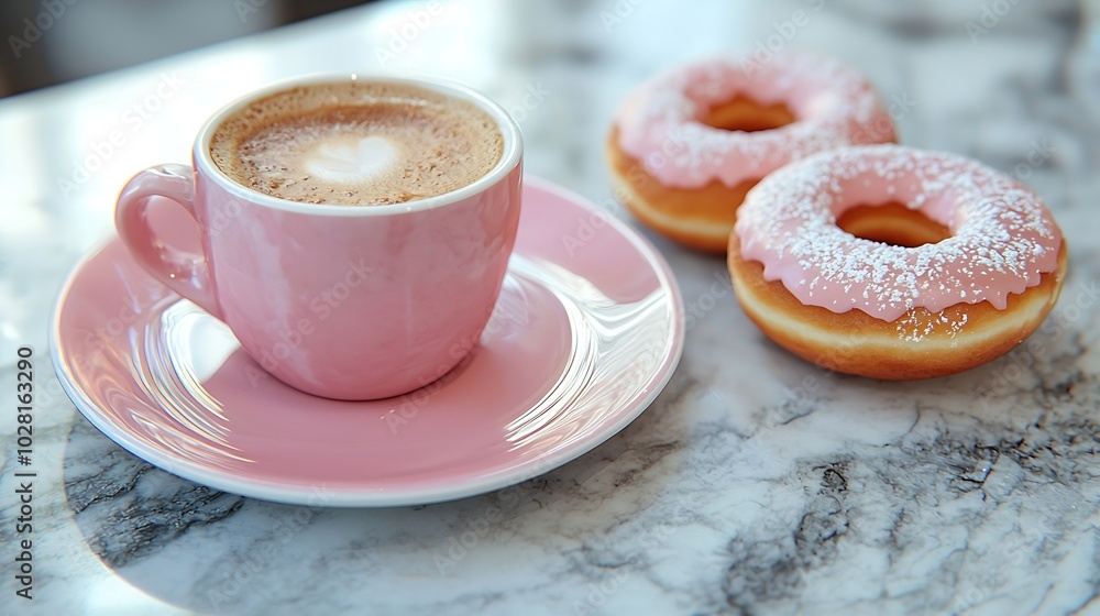 Poster coffee with donuts in marble table background copy space : generative ai