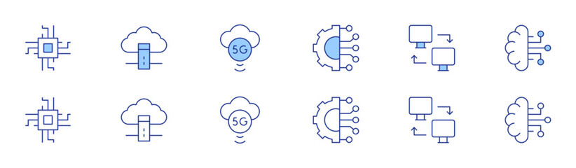 Technology icon set in two styles, Duotone and Thin Line style. Editable stroke. connection, chip, computer networking, cloud server, brain, 5G