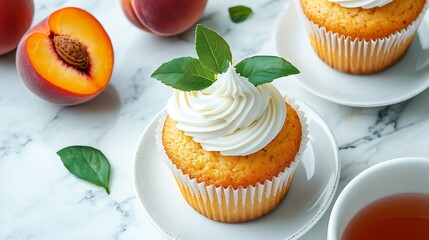 Peach cupcakes muffins with cup of tea Marble background Close up Top view : Generative AI