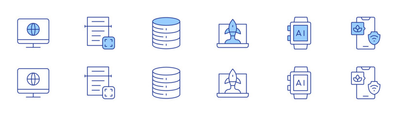Technology icon set in two styles, Duotone and Thin Line style. Editable stroke. internet, ocr, startup, database, smartwatch, smart farm