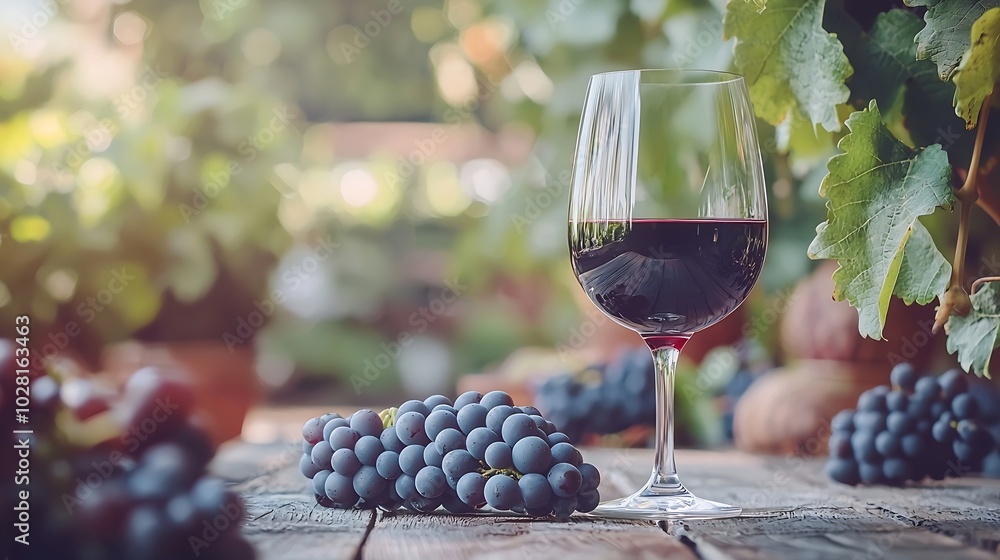 Poster glass of red wine with fresh grape on wooden table : generative ai