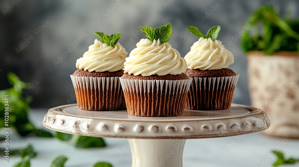 Poster Carrot cupcakes decorated with cream cheese frosting on a cake stand on a white background : Generative AI