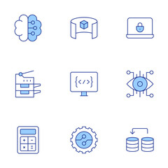 Technology icons set. Line Duotone style, editable stroke. 3d viewer, brain, coding, security, scanner, eye, digitalization, calculator, data