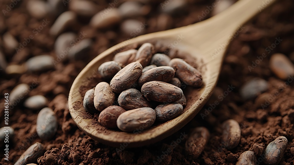 Poster chocolate candy in a wooden spoon on a crushed raw cocoa beans nibs background copy space top view :
