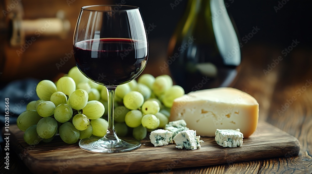 Poster glass of red wine with fresh grape and cheese on wooden table close up : generative ai