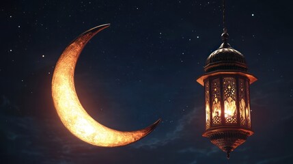 Crescent Moon and Lantern in Night Sky