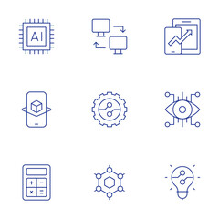 Technology icons set. Thin Line style, editable stroke. development, eye, idea, computer networking, digitalization, graphene, ai, augmented reality, calculator