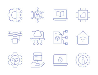 Technology icons. Thin Line style, editable stroke. drone delivery, green technology, edge computing, hosting, security, smart contract, smart home, technology