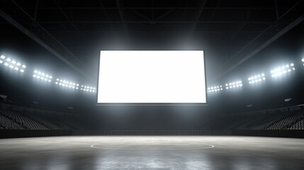 Empty basketball arena showcasing a large blank screen and rows of seats