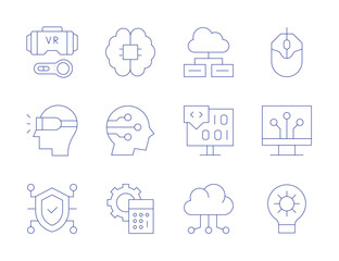 Technology icons. Thin Line style, editable stroke. security, virtual reality glasses, digitalization, gear, coding, artificial intelligence, calculator, cloud server