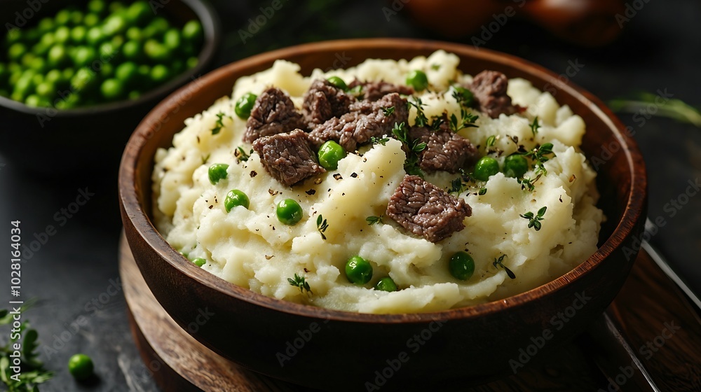 Poster Mashed potatoes with beef meat and green peas in bowl Dark background Copy space Top view : Generative AI