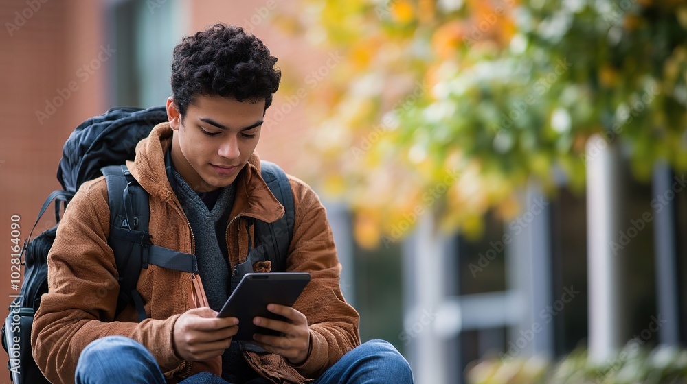 Poster a student reviewing study materials on a mobile device while on the go.