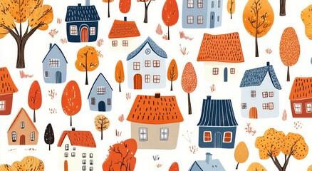 Cute autumn-themed pattern with houses and trees.