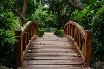 Obraz premium Wooden bridge in the garden, nature background