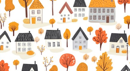 Naklejka premium Whimsical fall illustration with small houses.