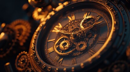 Fototapeta premium Close-up of an intricate, golden clock face with visible gears and Roman numerals.