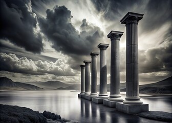 Naklejka premium Monochrome Majesty: Black and White Pillars in Breathtaking Landscape Photography, Evoking Timelessness and Serenity in Nature's Splendor