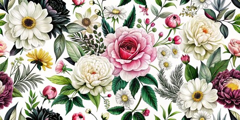 Monochrome Floral Seamless Pattern with Black and White Botanical Elements for Minimalist Textile and Wallpaper Design