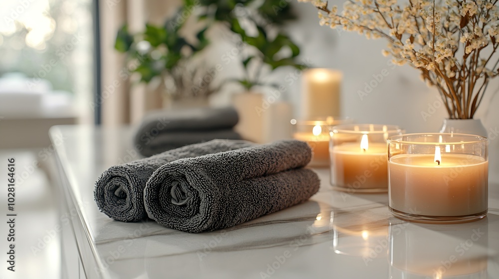 Aufkleber scented candles and towels spa salon set on marble table white background copy space : generative ai