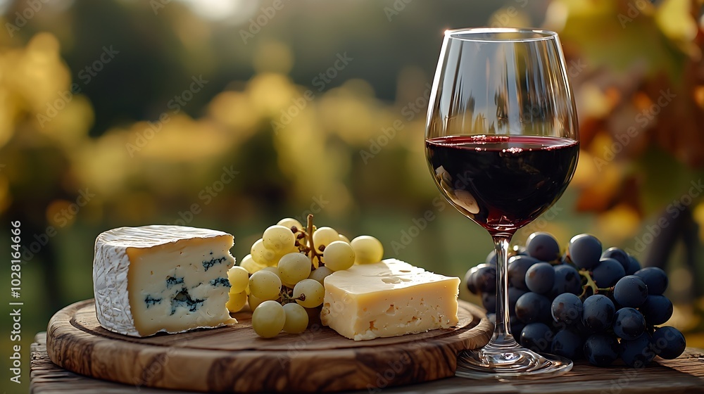 Poster Glass of red wine with fresh grape and cheese on wooden table Close up Copy space : Generative AI