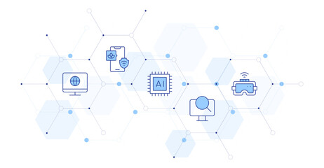 Technology Banner Vector Illustration with Icon Style in Between. Line Duotone icon. Containing internet, vr glasses, ai, computer, smart farm