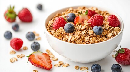Healthy breakfast Fresh granola muesli in bowl with berries Isolated on white : Generative AI