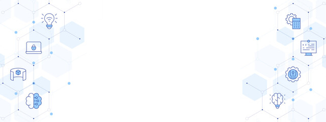 Technology Banner Vector Illustration with Two-sided Icon Style. Line Duotone icon. Containing 3d viewer, brain, idea, security, new technologies, calculator, smart energy, coding