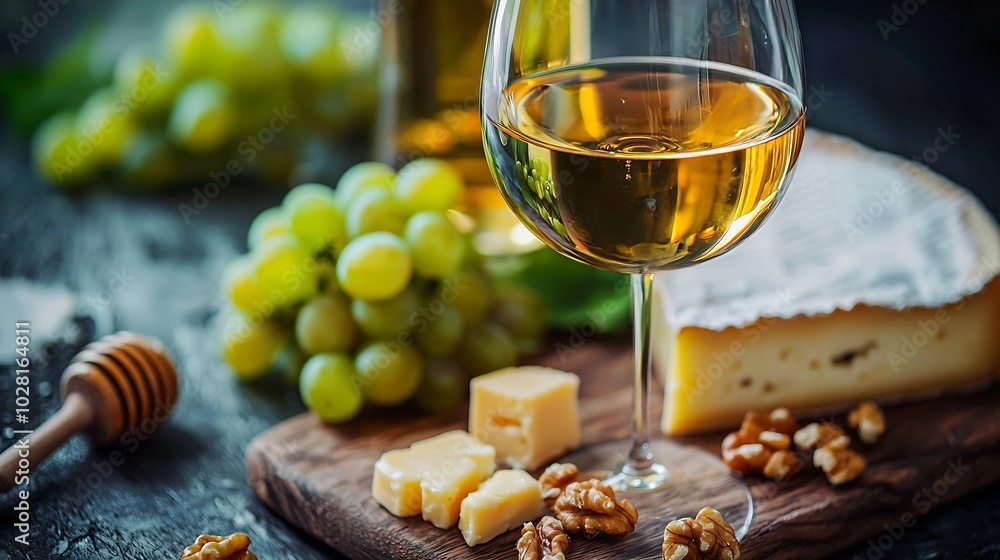 Poster white wine in glass with cheese honey nuts and grape on a cutting board wooden background : generati