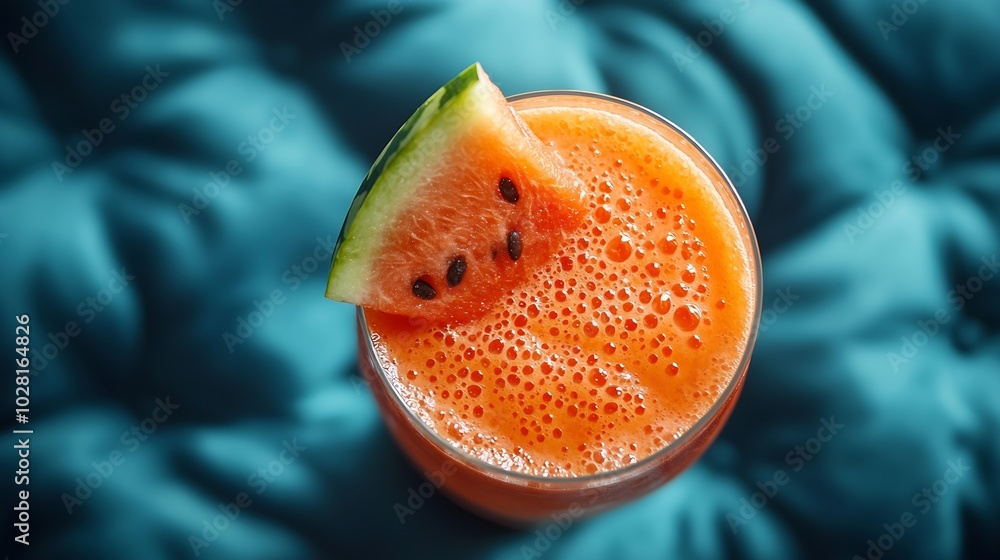Poster fresh watermelon juice smoothie on blue textile background top view : generative ai