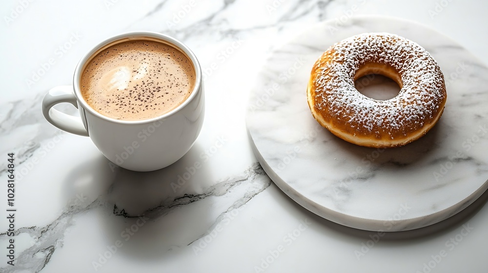 Poster coffee in a white cup with chcolate donut on marble board top view copy space : generative ai