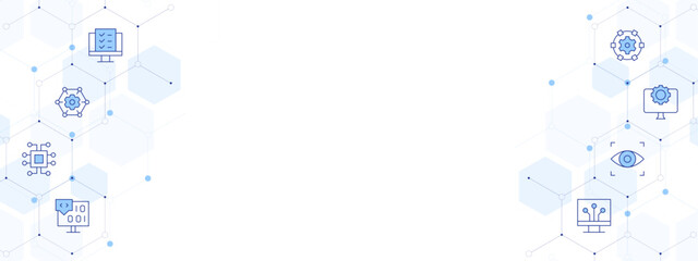 Technology Banner Vector Illustration with Two-sided Icon Style. Line Duotone icon. Containing digitalization, usability, coding, computer, eye scanner, network, technology, chip